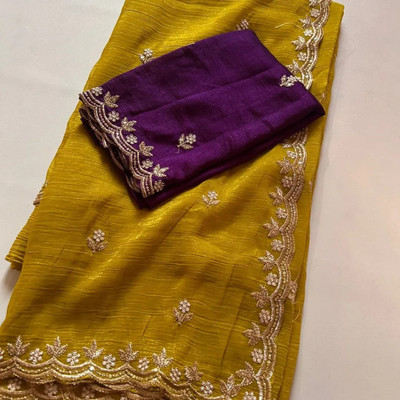Elite Fashion Embroidered Bollywood Jimmy choo Saree(Yellow)