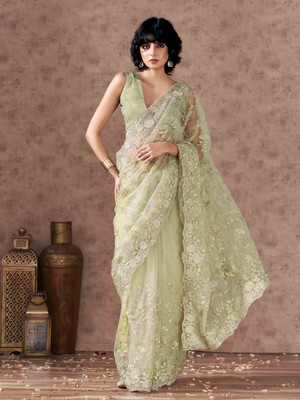 Tikhi Imli Embroidered Bollywood Net Saree(Green)