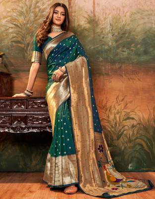 Satrani Woven, Self Design Banarasi Pure Silk, Silk Blend Saree(Green, Multicolor)