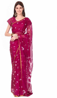 REBOOT FASHIONS Dyed Bandhani Chiffon Saree(Magenta)