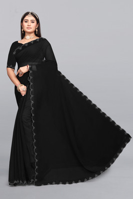 VRUGAM Solid/Plain Bollywood Georgette Saree(Black)