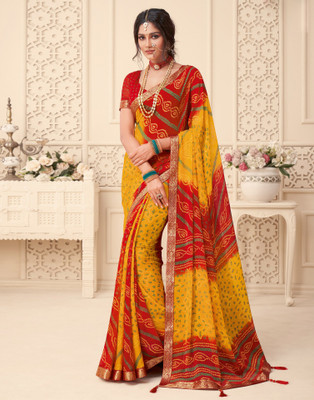 Satrani Printed, Geometric Print, Embellished Bollywood Chiffon, Georgette Saree(Red, Yellow)