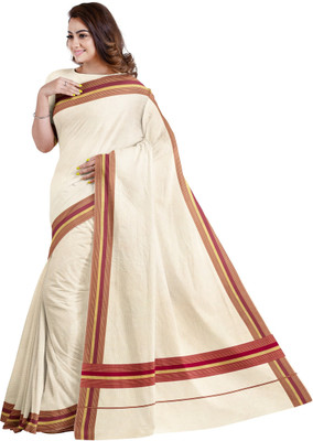 Chithra Fabrics Solid/Plain Kasavu Pure Cotton Saree(Beige)