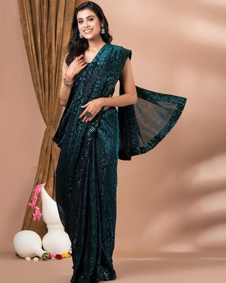 Vraggi Floral Print Bollywood Lycra Blend Saree(Light Blue)