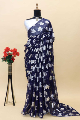 Vikash fab Printed Bollywood Georgette Saree(Dark Blue)