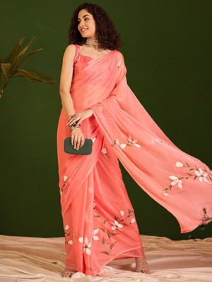 Sangria Printed Daily Wear Chiffon Saree(Pink)