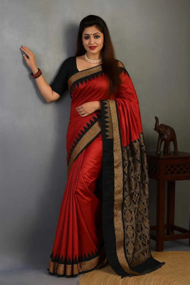 Sijileen Solid/Plain, Temple Border Sambalpuri Silk Blend Saree(Red)