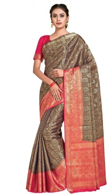 MIMOSA Woven Kanjivaram Art Silk Saree(Dark Blue, Pink)