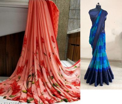 Sita Floral Print Daily Wear Georgette Saree(Pack of 2, Blue, Pink)