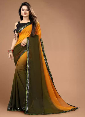 SNIXTY Color Block Bollywood Georgette Saree(Dark Green, Yellow)