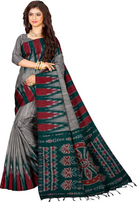 Bhadra Shopping Store Temple Border Ikkat Handloom Viscose Rayon, Cotton Blend Saree(Grey)