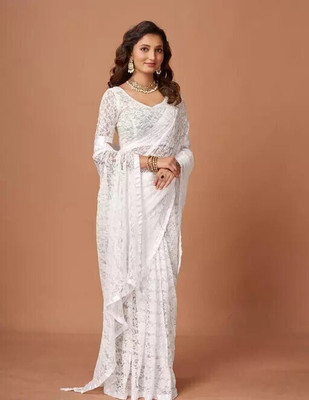 NORAFLEX Embroidered Bollywood Net Saree(White)