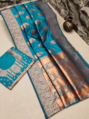 sheladiya Embellished Banarasi Cotton Silk Saree(Light Blue)