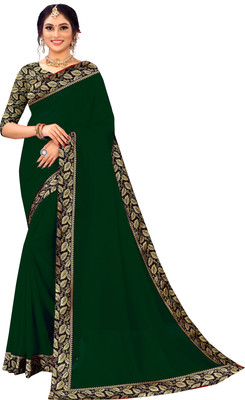 Georgette Saree Solid/Plain, Self Design, Dyed Bollywood Georgette, Chiffon Saree(Dark Green)