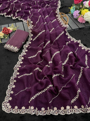 BELLETRENDZ Embroidered Bollywood Chiffon Saree(Pack of 2, Purple)