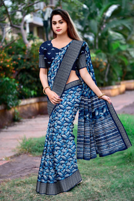 DHARMRAJ ENTERPRISE Floral Print, Woven, Printed Banarasi Cotton Blend Saree(Light Blue)