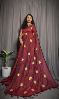 Rnn Saree Embroidered Handloom Pure Cotton Saree(Maroon)