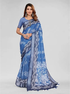Pari Prints Woven Daily Wear Cotton Linen Saree(Blue)