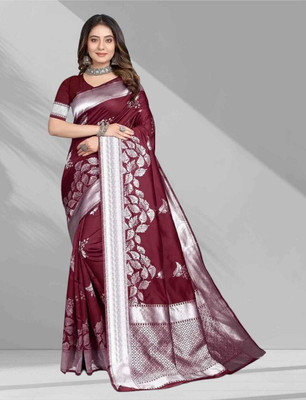 Om Creation Self Design Banarasi Pure Silk Saree(Maroon)
