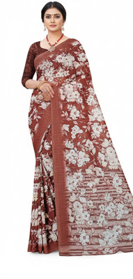 RaSaTrend Floral Print, Printed Daily Wear Cotton Blend Saree(Mustard, Brown)