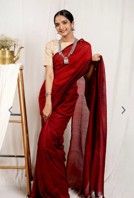 ratnadip Solid/Plain Handloom Cotton Blend Saree(Maroon)