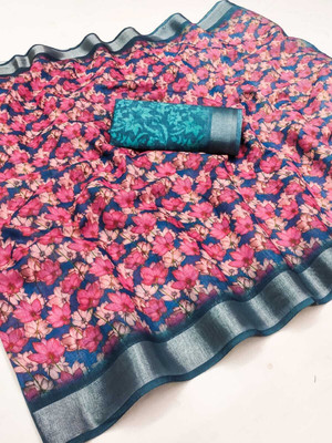 TANURI Floral Print Bollywood Cotton Linen, Cotton Silk Saree(Pink)