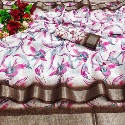 Myraani Digital Print Bollywood Cotton Linen Saree(Brown)