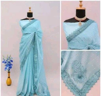 Divastri Woven, Embellished, Dyed, Solid/Plain Bollywood Lycra Blend Saree(Light Blue)