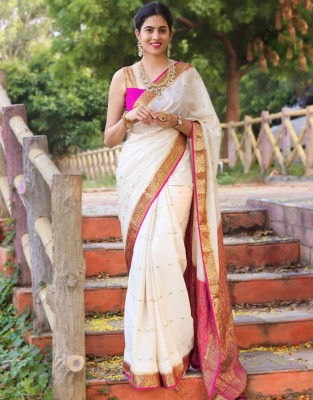 Satrani Woven, Self Design, Embellished Banarasi Pure Silk, Jacquard Saree(White, Gold)