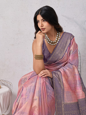 Tasrika Embellished, Geometric Print, Printed, Woven Banarasi Tussar Silk Saree(Pink)