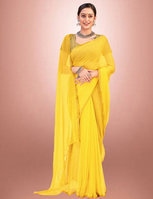 JiproStore Solid/Plain Bollywood Lycra Blend Saree(Yellow)