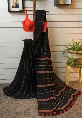 TutunDebnath Embroidered Handloom Cotton Blend Saree(Black)