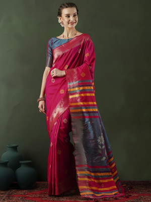 Sangria Woven Banarasi Silk Blend Saree(Pink, Blue)