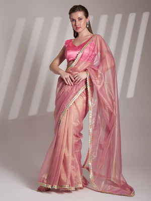 Divastri Embellished, Solid/Plain, Dyed Bollywood Organza Saree(Pink)