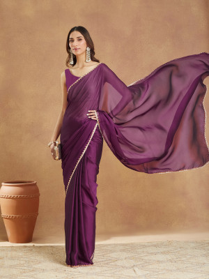 LOROFY Solid/Plain, Embroidered Banarasi Art Silk, Silk Blend Saree(Purple)