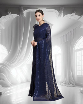 SHOBHTESH Embroidered, Digital Print Bollywood Georgette Saree(Dark Blue)