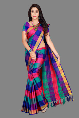 PRIYANSH CREATION Checkered Bollywood Cotton Blend Saree(Multicolor)