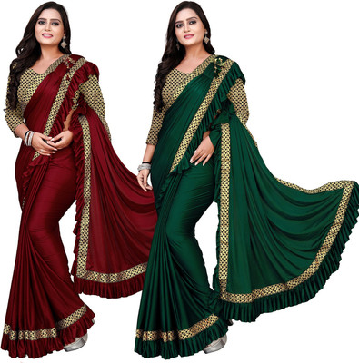 DECOFIN Woven, Solid/Plain Bollywood Lycra Blend Saree(Pack of 2, Red, Green)