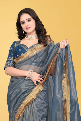 Brahmani Creation Embroidered Banarasi Georgette Saree(Dark Blue)