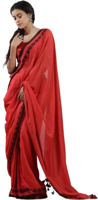 Puspa Self Design Handloom Cotton Blend Saree(Red)