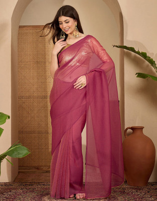 Satrani Embellished, Solid/Plain, Self Design Bollywood Chiffon Saree(Pink)