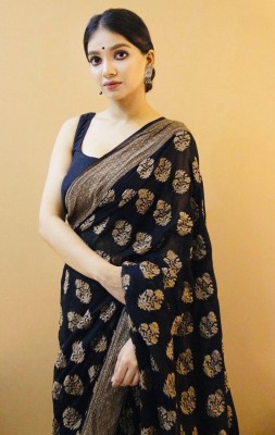 Nimidiya Woven Kanjivaram Pure Silk, Art Silk Saree(Black)