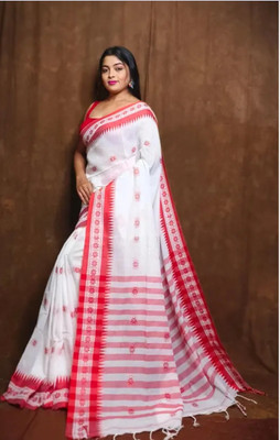 ADbutiq Self Design Bollywood Handloom Cotton Blend Saree(White)
