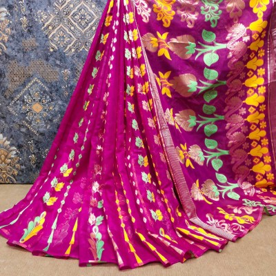 Bansari Textiles Self Design, Striped, Woven, Printed, Applique Jamdani Cotton Blend Saree(Pink)