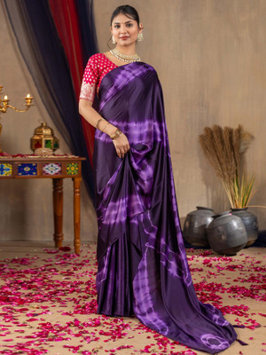 Tasrika Printed Hand Batik Satin Saree(Purple)