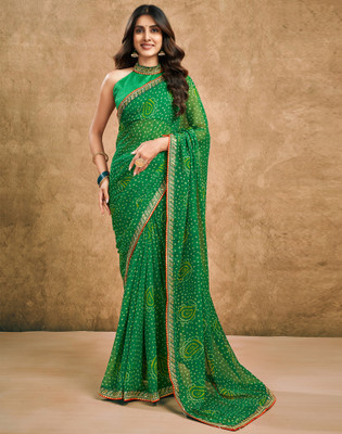 Satrani Printed, Embroidered, Embellished Bollywood Georgette, Chiffon Saree(Green)