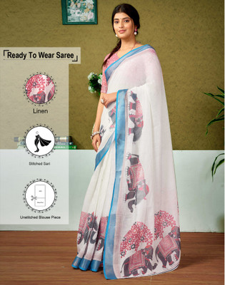 Satrani Digital Print, Floral Print, Embellished Bollywood Linen Saree(Multicolor, White)