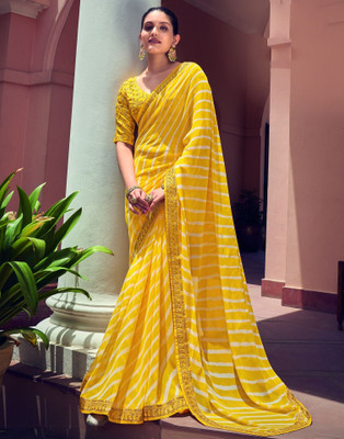 Satrani Printed, Self Design, Embellished Bollywood Georgette Saree(Gold, Yellow)