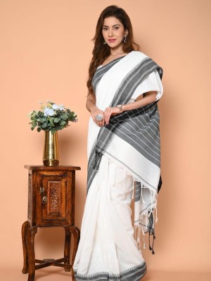 DHRITIS Woven Handloom Pure Cotton Saree(White, Black)