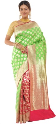 Dulhan Collection Self Design Banarasi Pure Silk Saree(Pink, Light Green)